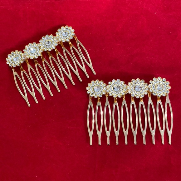 Hair Combs Set Of 2 Gold Tone Flower Rhinestones 2” - Picture 1 of 5
